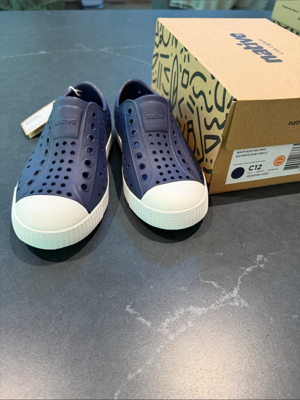 Native Kids Jefferson Slip-On Shoes in Navy and White, size C12